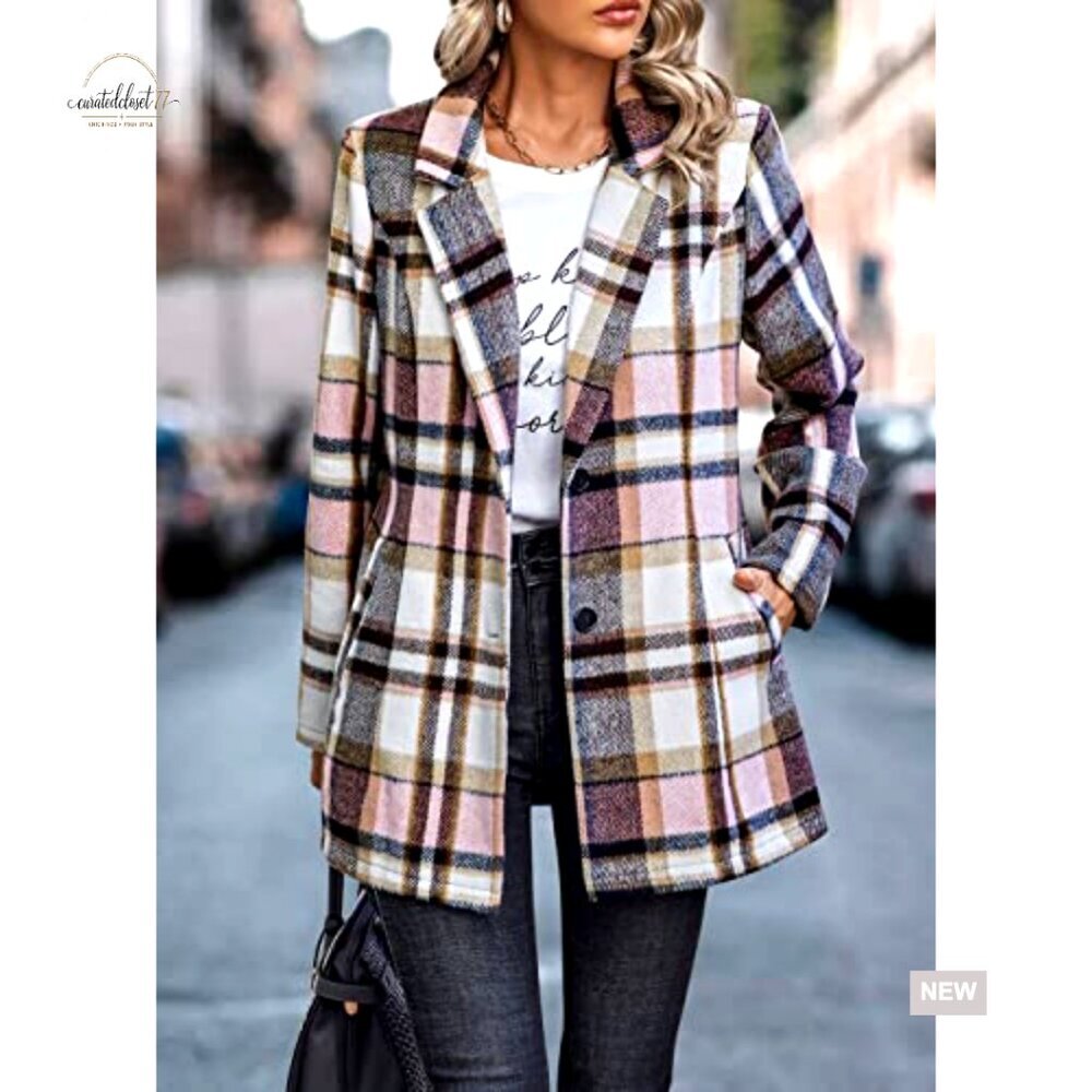Plaid Shacket Jacket Trendy Fall Casual Button Wool Blend Trench Coat Winter - Picture 6 of 7